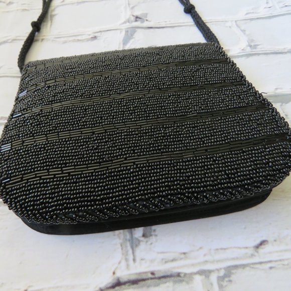 Vintage 1990s Black Beaded Small Purse With Long Handle - Picture 1 of 5
